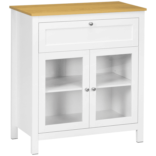 HOMCOM Aparador de Cozinha Moderno Móvel Buffet Auxiliar com Gaveta Prateleira Ajustável e 2 Portas de Vidro para Sala de Estar Sala de Jantar 80x40x90 cm Branco e Madeira