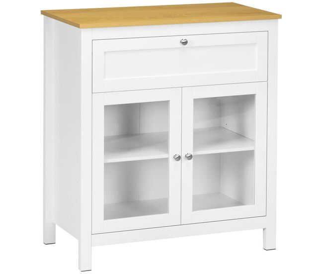 Homcom aparador de cocina moderno mueble buffet auxiliar con cajón estante ajustable y 2 puertas de vidrio armario de almacenamiento para salón comedor 80x40x90 cm blanco