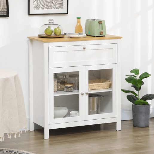 HOMCOM Aparador de Cozinha Moderno Móvel Buffet Auxiliar com Gaveta Prateleira Ajustável e 2 Portas de Vidro para Sala de Estar Sala de Jantar 80x40x90 cm Branco e Madeira