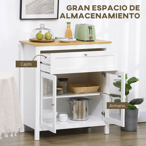 HOMCOM Aparador de Cozinha Moderno Móvel Buffet Auxiliar com Gaveta Prateleira Ajustável e 2 Portas de Vidro para Sala de Estar Sala de Jantar 80x40x90 cm Branco e Madeira