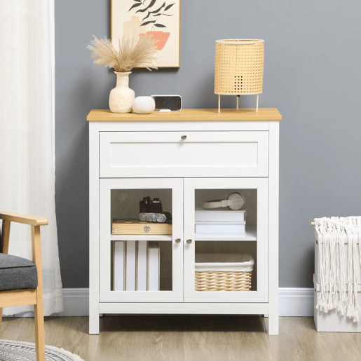 HOMCOM Aparador de Cozinha Moderno Móvel Buffet Auxiliar com Gaveta Prateleira Ajustável e 2 Portas de Vidro para Sala de Estar Sala de Jantar 80x40x90 cm Branco e Madeira