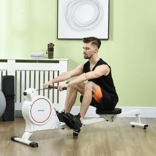 SPORTNOW Máquina de Remo Magnético Máquina de Remo Dobrável com Resistência de 8 Níveis Ecrã LCD e 2 Rodas de Transporte para Ginásio Carga Máxima 130 kg 180x48x60 cm Branco