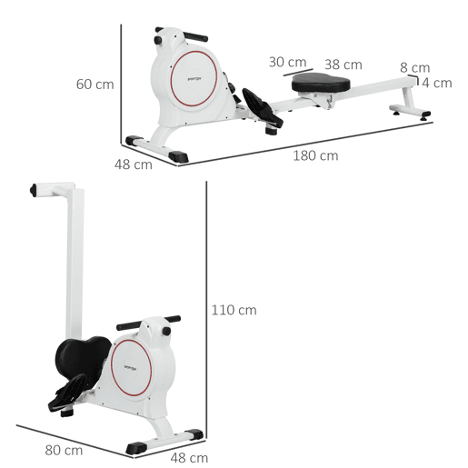 SPORTNOW Máquina de Remo Magnético Máquina de Remo Dobrável com Resistência de 8 Níveis Ecrã LCD e 2 Rodas de Transporte para Ginásio Carga Máxima 130 kg 180x48x60 cm Branco