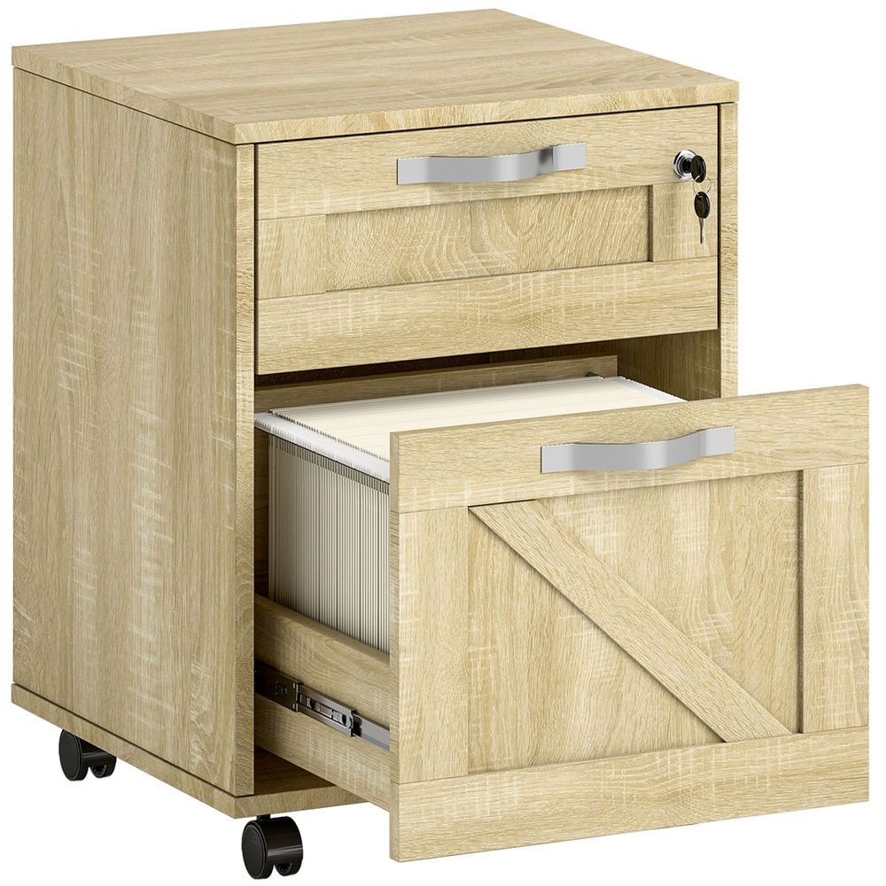 Vinsetto cajonera de oficina con 2 cajones cajonera con ruedas mueble archivador móvil con cerradura y carpetas colgantes para tamaño a4 41x42x56 cm natural