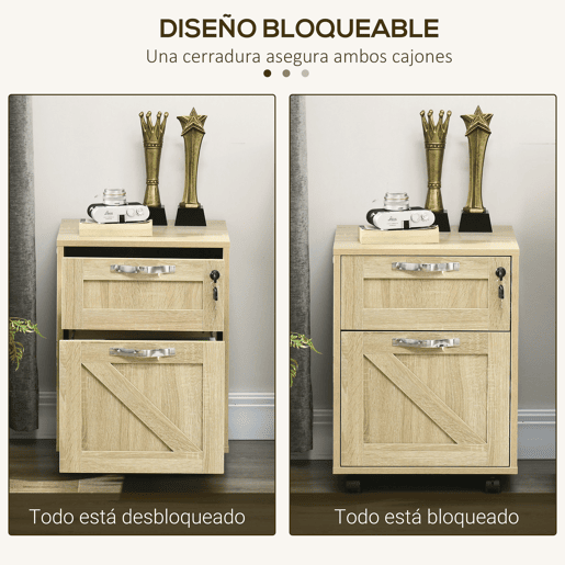 Vinsetto Arquivador para Escritório com 2 Gavetas Bloco de Gavetas com Rodas Móvel para Arquivos com Fechadura e Suporte para Pastas Suspensas Tamanho A4 41x42x56 cm Madeira