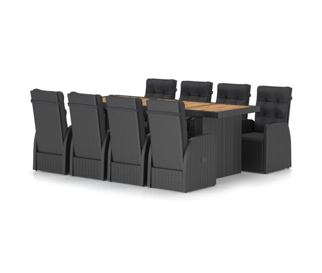 Set comedor de jardín 9 piezas y cojines ratán sintético negro vidaxl