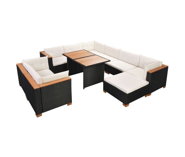 Set muebles de jardín 10 piezas y cojines ratán sintético negro vidaxl