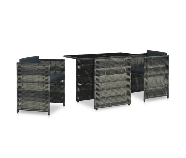 Set mesa y sillas jardín 3 pzas y cojines ratán sintético gris vidaxl