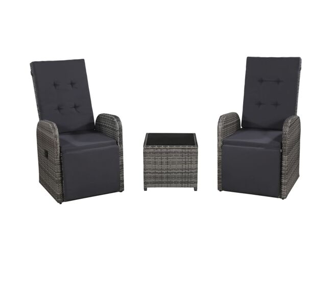 Juego muebles bistro jardín 3 pzas cojines ratán sintético gris vidaxl