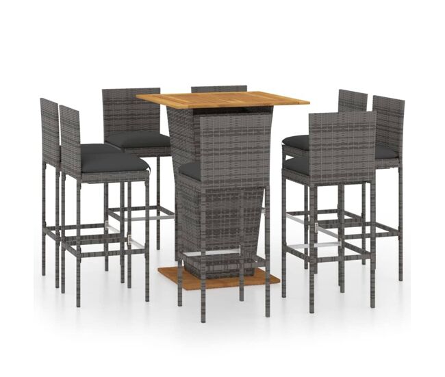 Set de muebles de bar de jardín 9 pzas y cojines ratán pe gris vidaxl