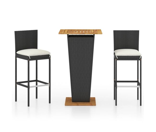 Set de muebles de bar jardín 3 piezas y cojines ratán pe negro vidaxl
