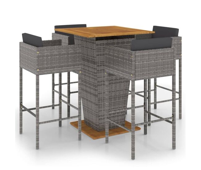 Set muebles de bar jardín 5 pzas y cojines ratán sintético gris vidaxl