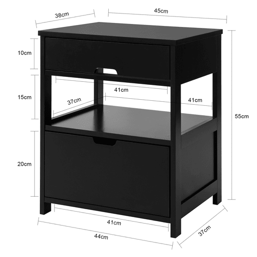 Mesa de cabeceira de quarto com 2 gavetas Preto 45x55x38cm SoBuy FRG258-SCHx2