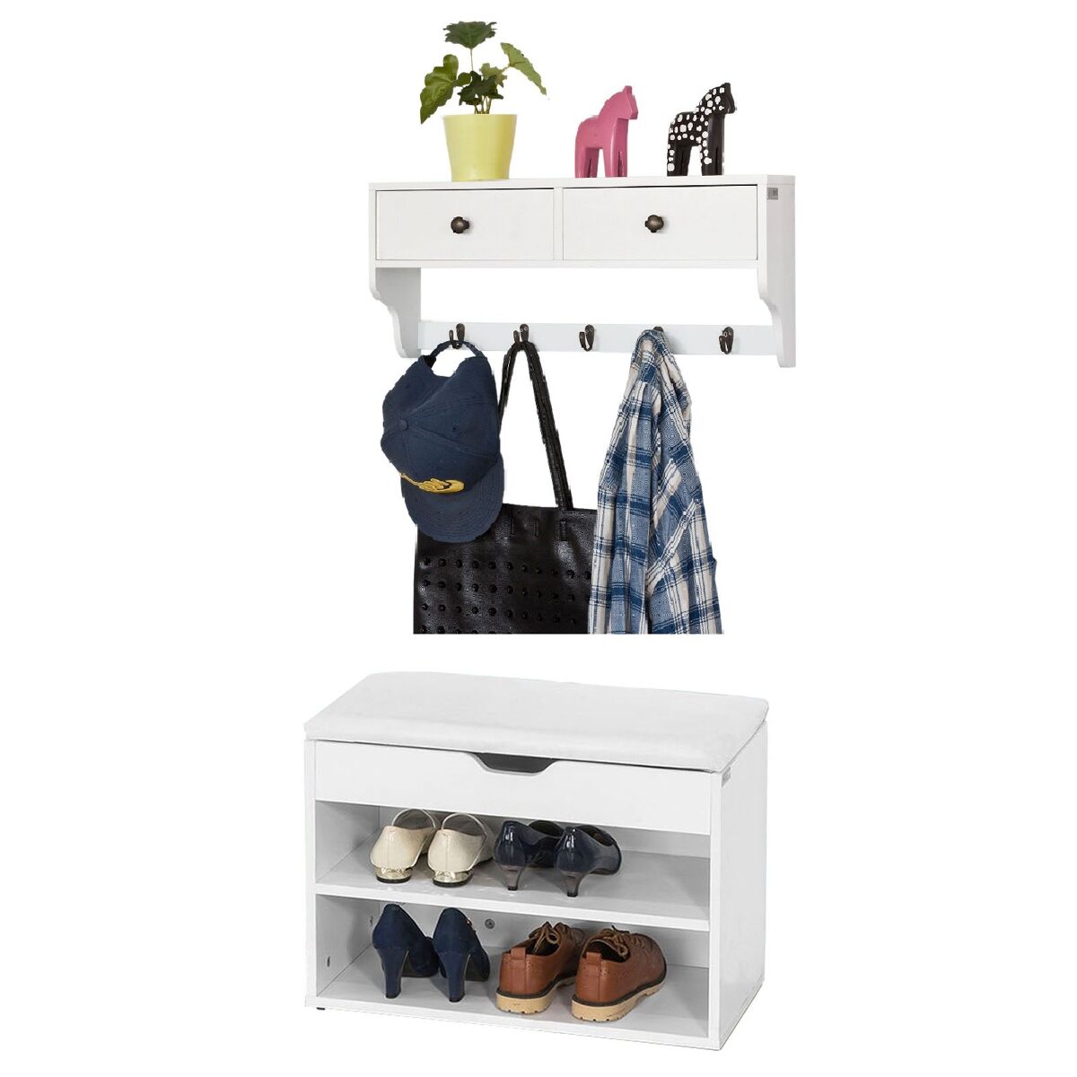 Set de 1 Banco Zapatero y 1 Perchero SoBuy FSR25-W+FRG178-W