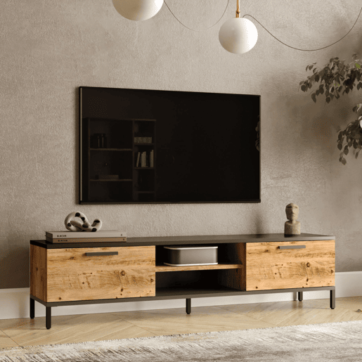 Armário TV Lempäälä 2 prateleiras aglomeradometal 160x35x39 cm carvalho rústicoantracite en.casa