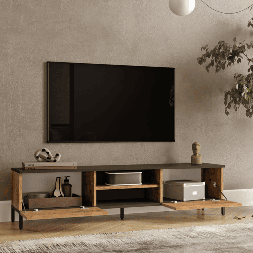 Armário TV Lempäälä 2 prateleiras aglomeradometal 160x35x39 cm carvalho rústicoantracite en.casa