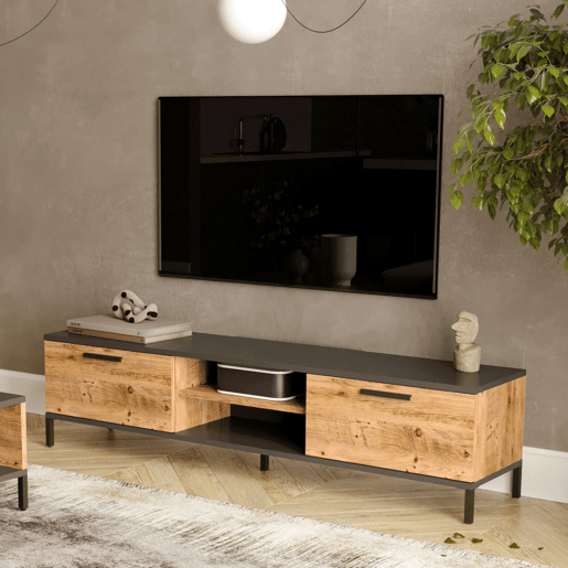 Armário TV Lempäälä 2 prateleiras aglomeradometal 160x35x39 cm carvalho rústicoantracite en.casa
