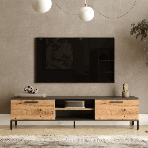 Armário TV Lempäälä 2 prateleiras aglomeradometal 160x35x39 cm carvalho rústicoantracite en.casa