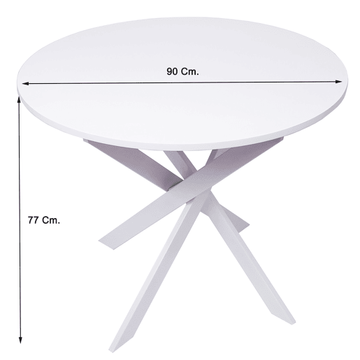 Mesa de jantar redonda, Modelo ZEN, 90x90x77cm, para 4 pessoas, Materiais resistentes, cor branco mate, Pés metálicos em branco lacado mate Mesa de jantar redonda, Modelo ZEN, 90x90x77cm, para 4 pessoas, Materiais resistentes, cor branco mate, Pés metálicos em branco lacado mate