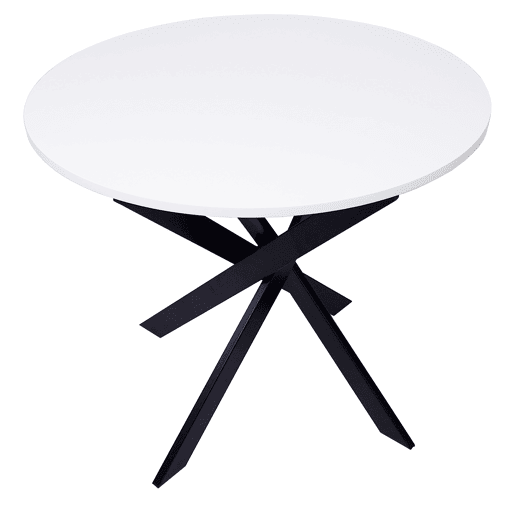 Mesa de jantar redonda, Modelo ZEN, 90x90x77cm, para 4 pessoas, Materiais resistentes, cor branco mate, Pés metálicos em preto lacado mate