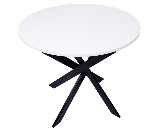 Mesa de comedor redonda, modelo zen, 90x90x77cm, para 4 personas, color blanco mate con patas metálicas color negro lacado mate
