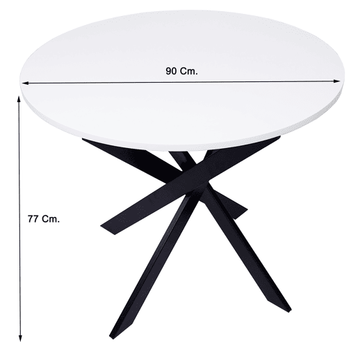 Mesa de jantar redonda, Modelo ZEN, 90x90x77cm, para 4 pessoas, Materiais resistentes, cor branco mate, Pés metálicos em preto lacado mate