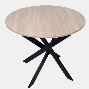Mesa de jantar redonda, Modelo ZEN, 90x90x77cm, para 4 pessoas, Materiais resistentes, cor carvalho, Pés metálicos em preto lacado mate
