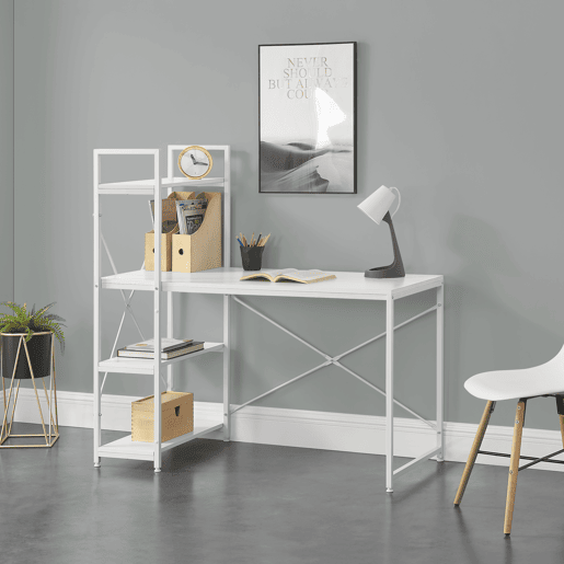 Secretária Stavanger com 4 prateleiras MetalComposto 122 x 120 x 64 cm - Branco en.casa.