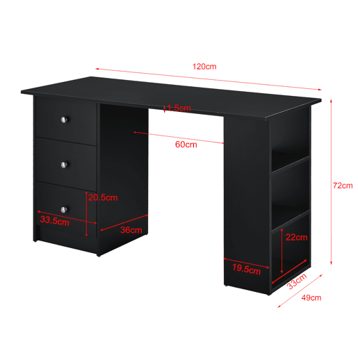 Secretária de computador Lemberg 120x49x72 cm - 3 compartimentos e 3 gavetas preto em casa.