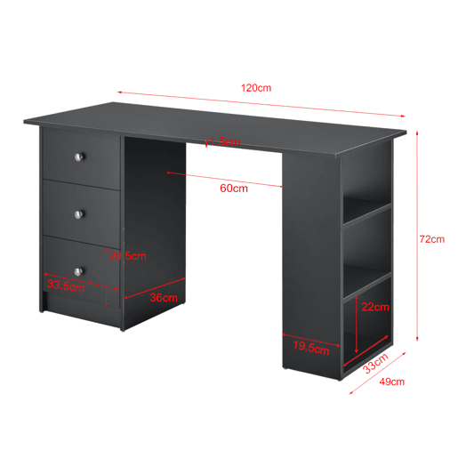 Secretária de computador Lemberg 120x49x72 cm - 3 compartimentos e 3 gavetas cinzento escuro em casa.