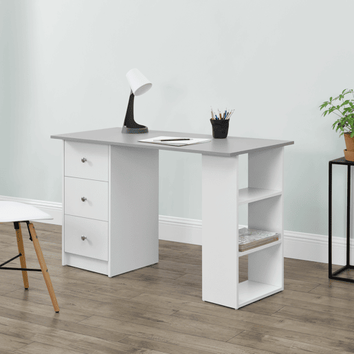 Secretária de computador Lemberg 120x49x72 cm - 3 compartimentos e 3 gavetas BrancoCinza em casa.