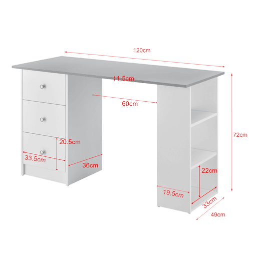 Secretária de computador Lemberg 120x49x72 cm - 3 compartimentos e 3 gavetas BrancoCinza em casa.