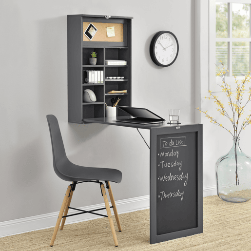 Secretária de parede dobrável Kläppen com cortiça e quadro negro mdf 80 x 50 x 19 cm Cinzento escuro en.Casa