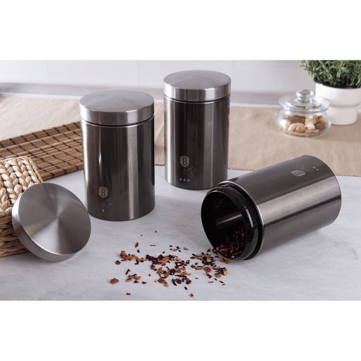 Berlinger Haus Carbon Pro Conjunto de Caixa de Pão + 3 Boiões de Cozinha Aço Inoxidável, Contentor com Tampa Deslizante, , Cinzento escuro  Inox