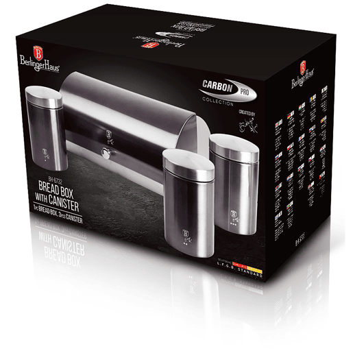 Berlinger Haus Carbon Pro Conjunto de Caixa de Pão + 3 Boiões de Cozinha Aço Inoxidável, Contentor com Tampa Deslizante, , Cinzento escuro  Inox
