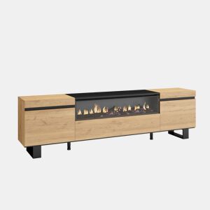 Móvel de TV, Muito espaço de arrumação, 200x57x35cm, Para televisores até 80, Lareira eléctrica, Design industrial, Estilo moderno, Carvalho e preto