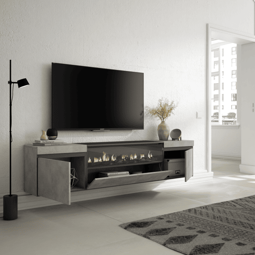 Móvel de TV, Muito espaço de arrumação, 200x35x45cm, Para televisores até 80, Lareira eléctrica, Suspensos, Estilo moderno, Cimento