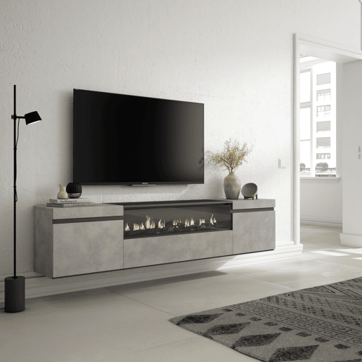 Móvel de TV, Muito espaço de arrumação, 200x35x45cm, Para televisores até 80, Lareira eléctrica, Suspensos, Estilo moderno, Cimento