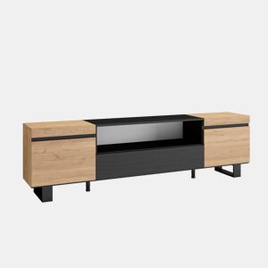 Móvel de TV, Muito espaço de arrumação, 200x57x35cm, Para televisores até 80, Design industrial, Estilo moderno, Carvalho e preto