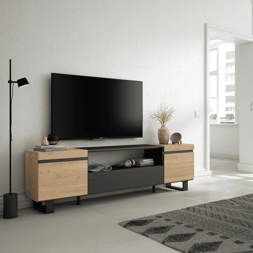 Móvel de TV, Muito espaço de arrumação, 200x57x35cm, Para televisores até 80, Design industrial, Estilo moderno, Carvalho e preto Móvel de TV, Muito espaço de arrumação, 200x57x35cm, Para televisores até 80, Design industrial, Estilo moderno, Carvalho e preto