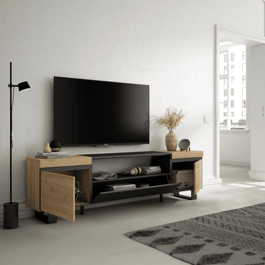 Móvel de TV, Muito espaço de arrumação, 200x57x35cm, Para televisores até 80, Design industrial, Estilo moderno, Carvalho e preto Móvel de TV, Muito espaço de arrumação, 200x57x35cm, Para televisores até 80, Design industrial, Estilo moderno, Carvalho e preto