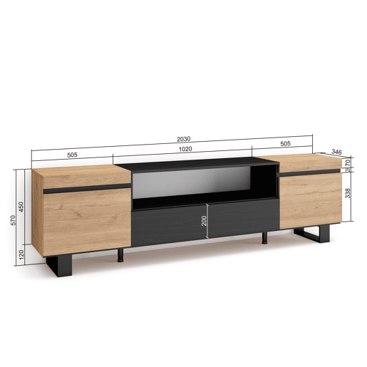 Móvel de TV, Muito espaço de arrumação, 200x57x35cm, Para televisores até 80, Design industrial, Estilo moderno, Carvalho e preto Móvel de TV, Muito espaço de arrumação, 200x57x35cm, Para televisores até 80, Design industrial, Estilo moderno, Carvalho e preto