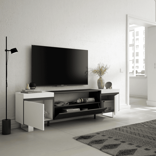 Móvel de TV, Muito espaço de arrumação, 200x57x35cm, Para televisores até 80, Design industrial, Estilo moderno, Branco e preto Móvel de TV, Muito espaço de arrumação, 200x57x35cm, Para televisores até 80, Design industrial, Estilo moderno, Branco e preto