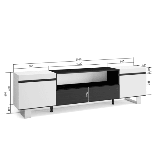 Móvel de TV, Muito espaço de arrumação, 200x57x35cm, Para televisores até 80, Design industrial, Estilo moderno, Branco e preto Móvel de TV, Muito espaço de arrumação, 200x57x35cm, Para televisores até 80, Design industrial, Estilo moderno, Branco e preto