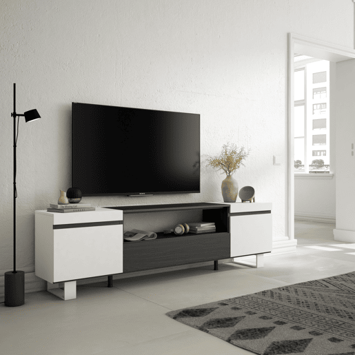 Móvel de TV, Muito espaço de arrumação, 200x57x35cm, Para televisores até 80, Design industrial, Estilo moderno, Branco e preto Móvel de TV, Muito espaço de arrumação, 200x57x35cm, Para televisores até 80, Design industrial, Estilo moderno, Branco e preto
