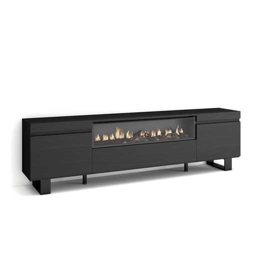 Móvel de TV, Muito espaço de arrumação, 200x57x35cm, Para televisores até 80, Lareira eléctrica, Design industrial, Estilo moderno, Preto Móvel de TV, Muito espaço de arrumação, 200x57x35cm, Para televisores até 80, Lareira eléctrica, Design industrial, Estilo moderno, Preto