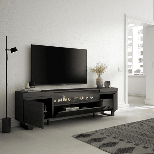 Móvel de TV, Muito espaço de arrumação, 200x57x35cm, Para televisores até 80, Lareira eléctrica, Design industrial, Estilo moderno, Preto Móvel de TV, Muito espaço de arrumação, 200x57x35cm, Para televisores até 80, Lareira eléctrica, Design industrial, Estilo moderno, Preto