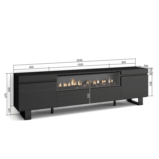 Móvel de TV, Muito espaço de arrumação, 200x57x35cm, Para televisores até 80, Lareira eléctrica, Design industrial, Estilo moderno, Preto Móvel de TV, Muito espaço de arrumação, 200x57x35cm, Para televisores até 80, Lareira eléctrica, Design industrial, Estilo moderno, Preto