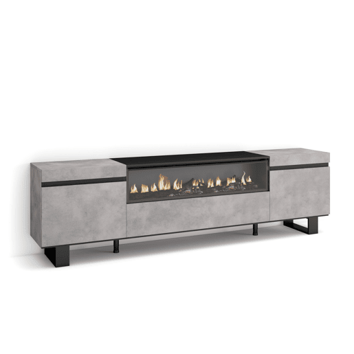 Móvel de TV, Muito espaço de arrumação, 200x57x35cm, Para televisores até 80, Lareira eléctrica, Design industrial, Estilo moderno, Cimento Móvel de TV, Muito espaço de arrumação, 200x57x35cm, Para televisores até 80, Lareira eléctrica, Design industrial, Estilo moderno, Cimento