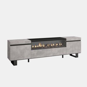 Móvel de TV, Muito espaço de arrumação, 200x57x35cm, Para televisores até 80, Lareira eléctrica, Design industrial, Estilo moderno, Cimento